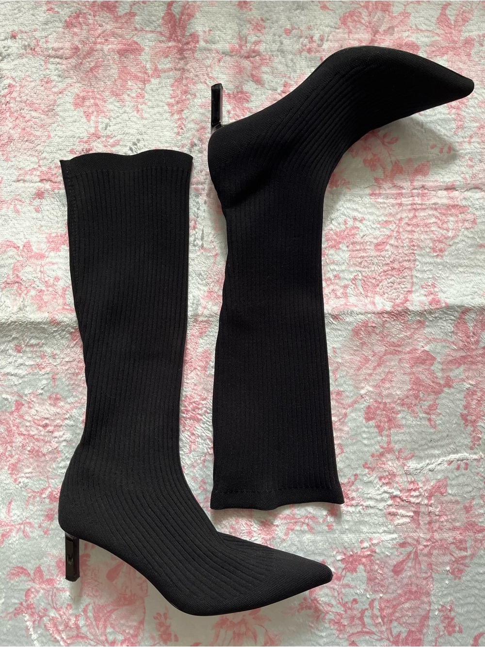 Zara Black Ribbed Sock Stiletto Boots - Women